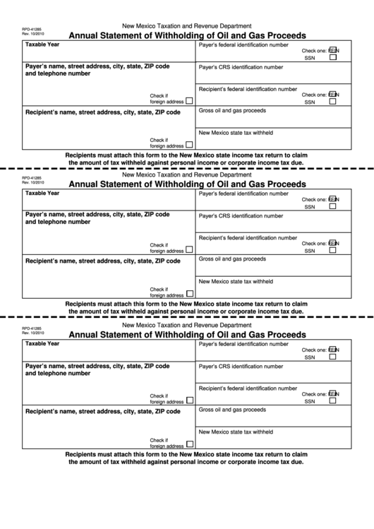 Form Rpd-41285 - Annual Statement Of Withholding Of Oil And Gas Proceeds - New Mexico Taxation And Revenue Department Printable pdf
