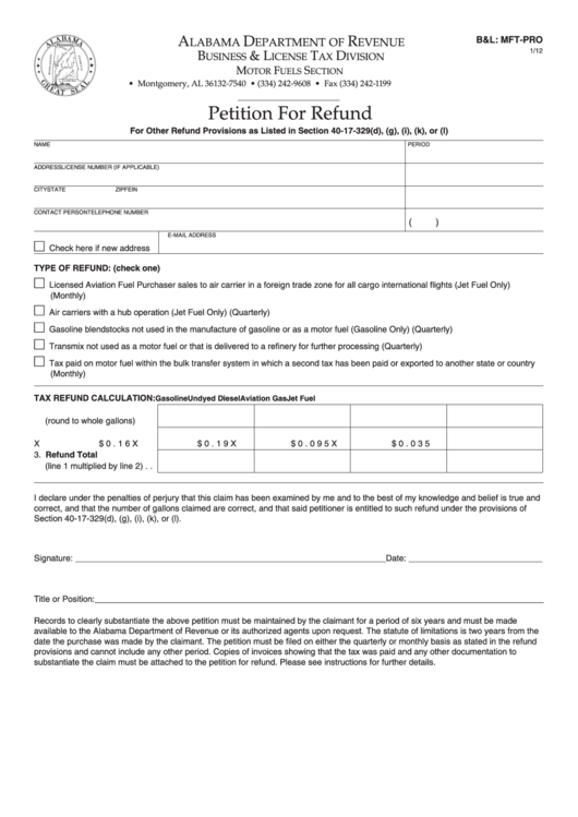 Fillable Form B&l: Mft-Pro - Petition For Refund Printable pdf