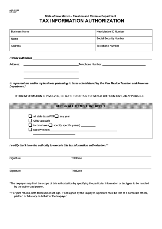 Form Acd-31102 - Tax Information Authorization Printable pdf