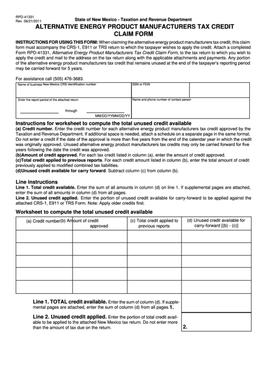 Form Rpd-41331 - Alternative Energy Product Manufacturers Tax Credit Claim Form - State Of New Mexico Taxation And Revenue Department Printable pdf