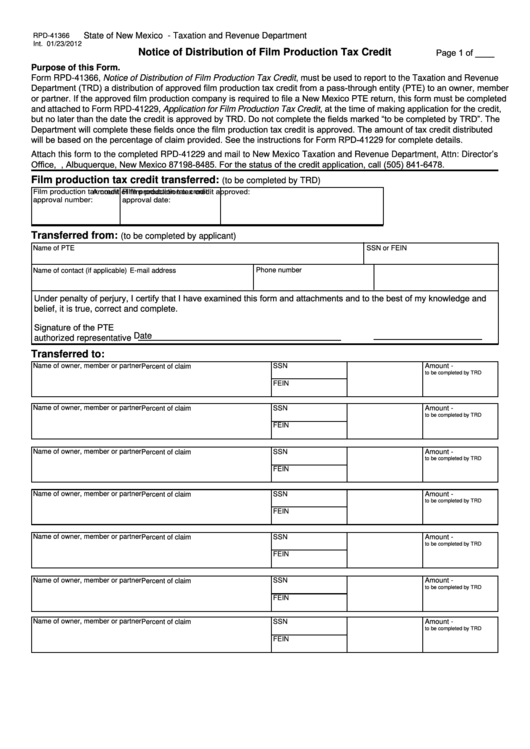 Form Rpd-41366 - Notice Of Distribution Of Film Production Tax Credit - State Of New Mexico Taxation And Revenue Department Printable pdf
