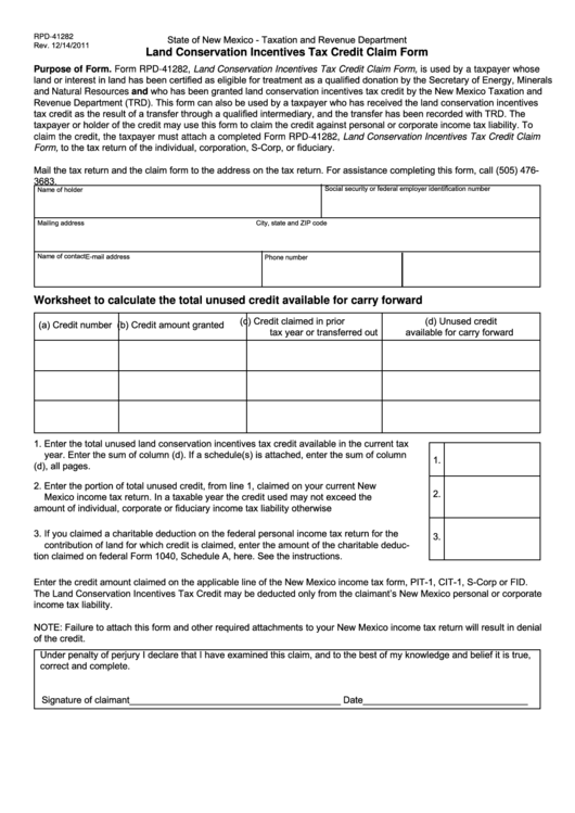 Form Rpd-41282 - Land Conservation Incentives Tax Credit Claim Form - State Of New Mexico Taxation And Revenue Department Printable pdf