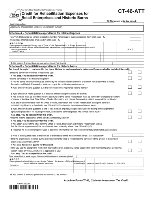 Form Ct-46-Att - Credit For Rehabilitation Expenses For Retail Enterprises And Historic Barns - New York State Department Of Taxation And Finance - 2012 Printable pdf
