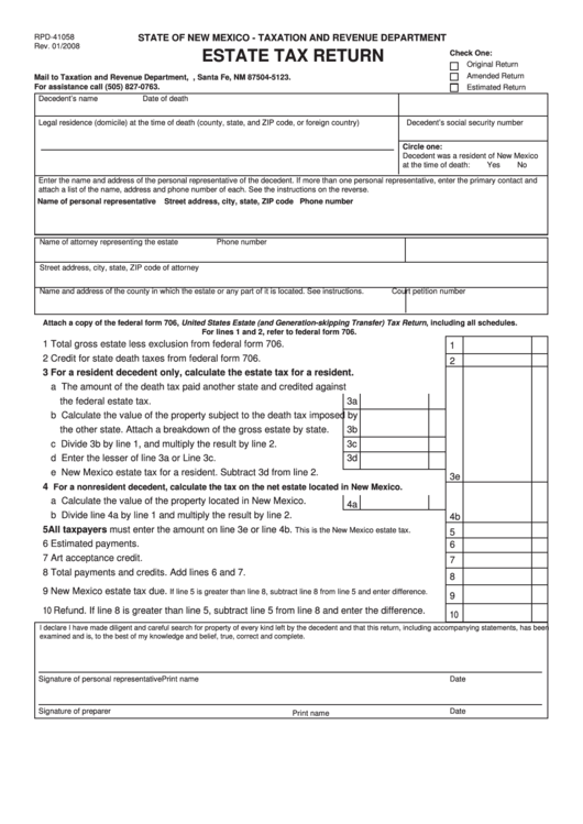 Form Rpd-41058 - Estate Tax Return Printable pdf
