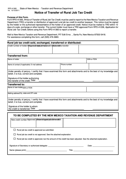 Form Rpd-41365 - Notice Of Transfer Of Rural Job Tax Credit - State Of New Mexico Taxation And Revenue Department Printable pdf