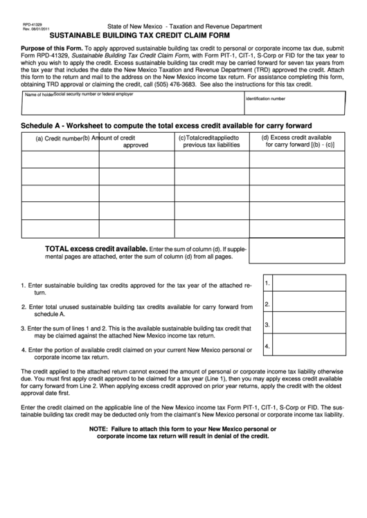 Form Rpd-41329 - Sustainable Building Tax Credit Claim Form - State Of New Mexico Taxation And Revenue Department Printable pdf