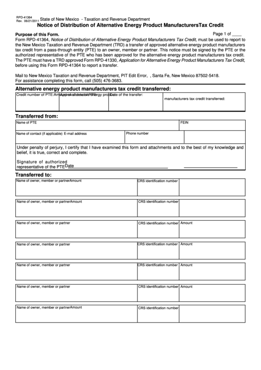 Form Rpd-41364 - Notice Of Distribution Of Alternative Energy Product Manufacturerstax Credit - State Of New Mexico Taxation And Revenue Department Printable pdf
