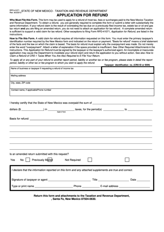 Form Rpd-41071 - Application For Refund - State Of New Mexico Taxation And Revenue Department Printable pdf