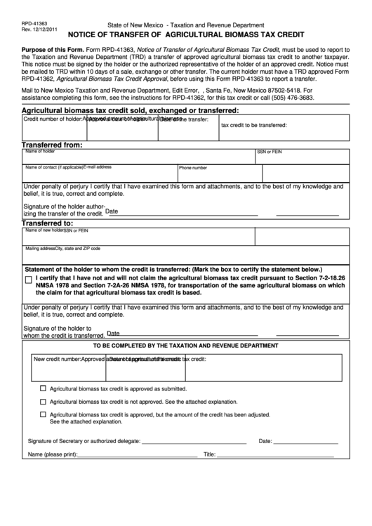 Form Rpd-41363 - Notice Of Transfer Of /agricultural Biomass Tax Credit - State Of New Mexico Taxation And Revenue Department Printable pdf