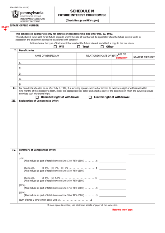 Fillable Form Rev-1647 Ex+ - Schedule M Future Interest Compromise Printable pdf