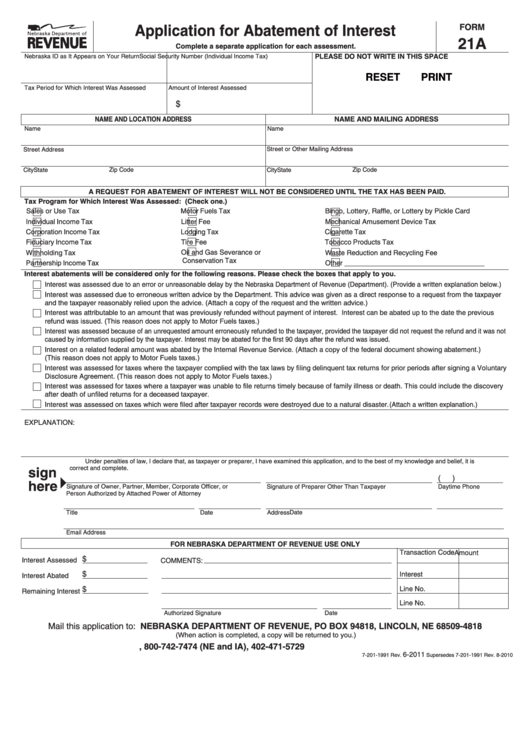 Fillable Form 20a - Application For Abatement Of Interest Printable pdf