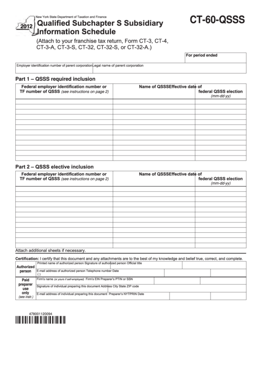 Form Ct-60-Qsss - Qualified Subchapter S Subsidiary Information Schedule - New York State Department Of Taxation And Finance - 2012 Printable pdf