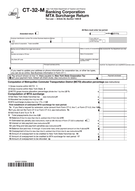 Form Ct-32-M - Banking Corporation Mta Surcharge Return - New York State Department Of Taxation And Finance - 2012 Printable pdf