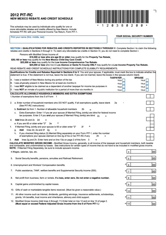 Form Pit-Rc - New Mexico Rebate And Credit Shedule - 2012 Printable pdf