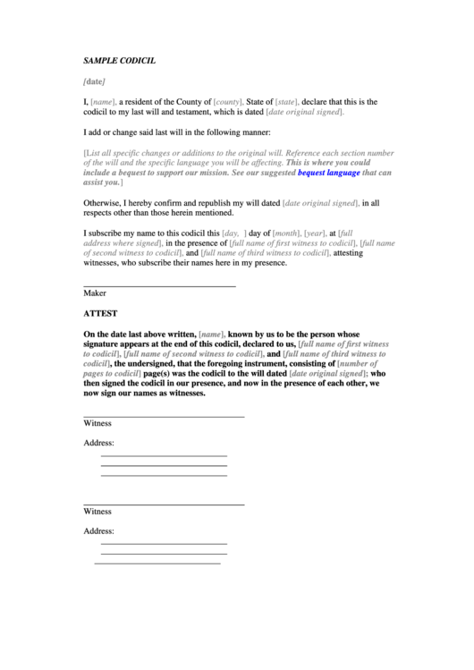 Sample Codicil Form Printable pdf