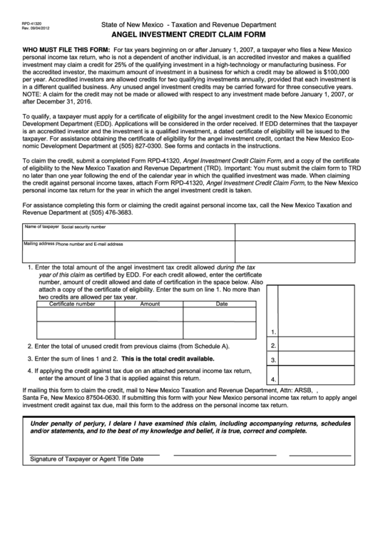 Form Rpd-41320 - Angel Investment Credit Claim Form - State Of New Mexico Taxation And Revenue Department Printable pdf