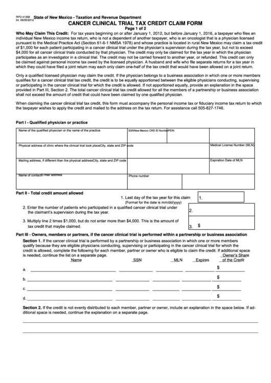 Form Rpd-41358 - Cancer Clinical Trial Tax Credit Claim Form - State Of New Mexico Taxation And Revenue Department Printable pdf