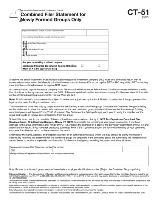 Form Ct-51 - Combined Filer Statement For Newly Formed Groups Only - New York State Department Of Taxation And Finance Printable pdf
