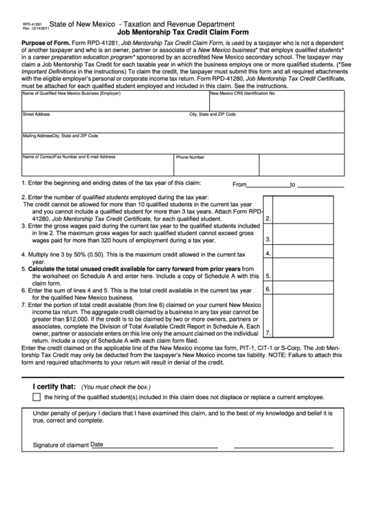 Form Rpd-41281 - Job Mentorship Tax Credit Claim Form - State Of New Mexico Taxation And Revenue Department Printable pdf