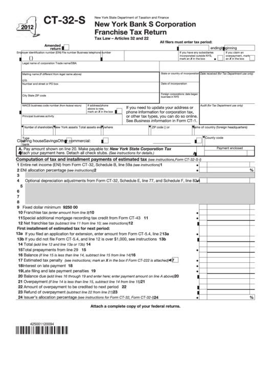 Form Ct-32-S - New York Bank S Corporation Franchise Tax Return - 2012 Printable pdf