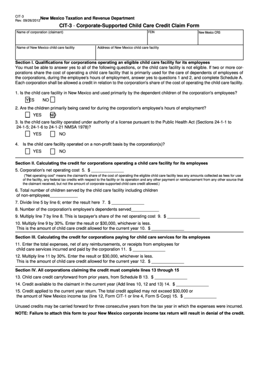 Form Cit-3 - Corporate-Supported Child Care Credit Claim Form - New Mexico Taxation And Revenue Department Printable pdf