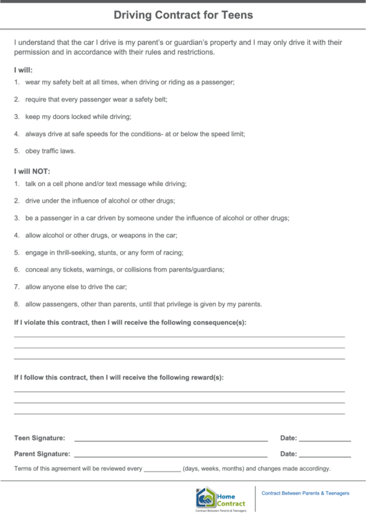 Driving Contract For Teens Template Printable pdf