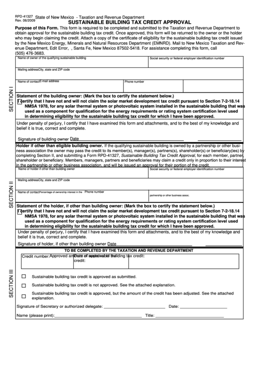 Form Rpd-41327 - Sustainable Building Tax Credit Approval - State Of New Mexico Taxation And Revenue Department Printable pdf