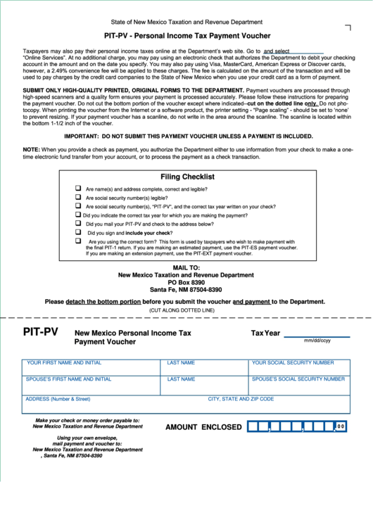 Form Pit-Pv - New Mexico Personal Income Tax Payment Voucher Printable pdf
