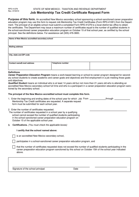 Form Rpd-41279 - Job Mentorship Tax Credit Certificate Request Form - State Of New Mexico Taxation And Revenue Department Printable pdf