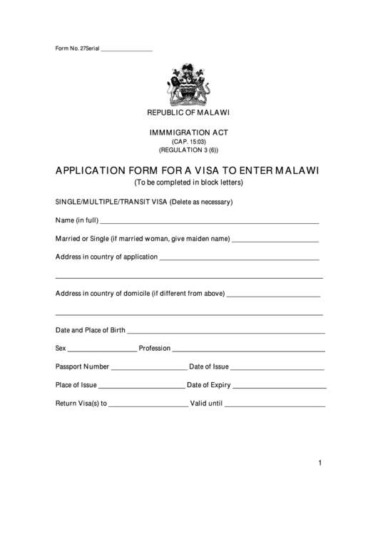 Form 27 - Application Form For A Visa To Enter Malawi Printable pdf