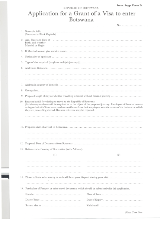 Application For A Grant Of A Visa To Enter Botswana Printable Pdf Download