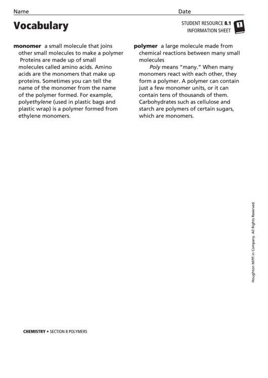 Vocabulary - Polymers Printable pdf
