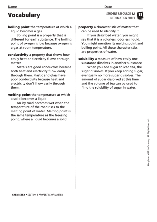 Vocabulary - Properties Of Matter Printable pdf