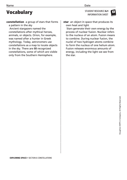 Vocabulary - Constellations Printable pdf