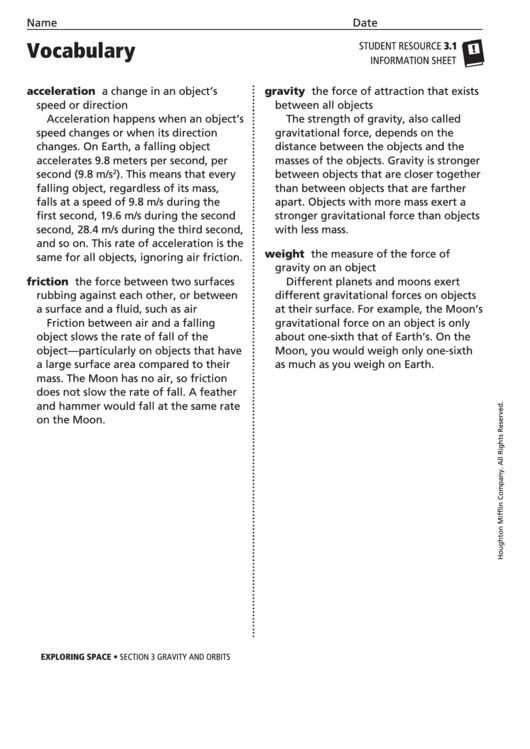 Vocabulary - Gravity And Orbits Printable pdf