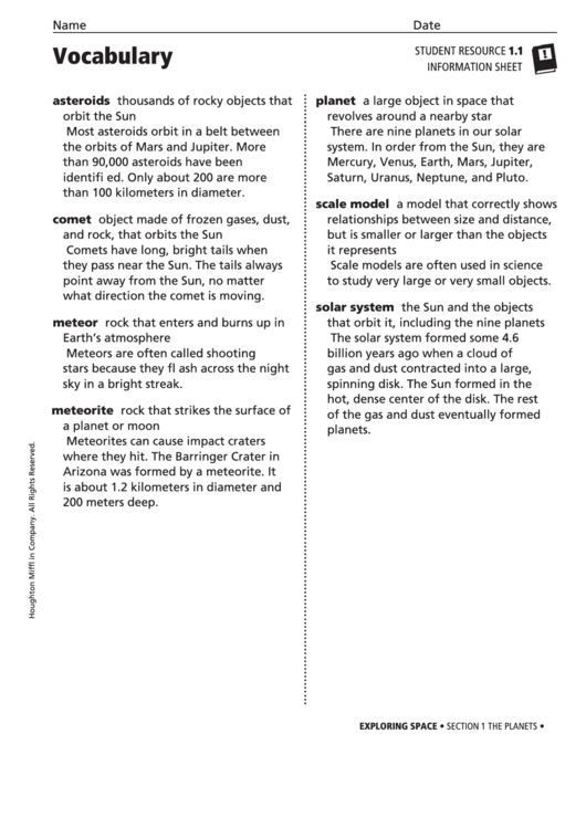 Vocabulary - The Planets Printable pdf