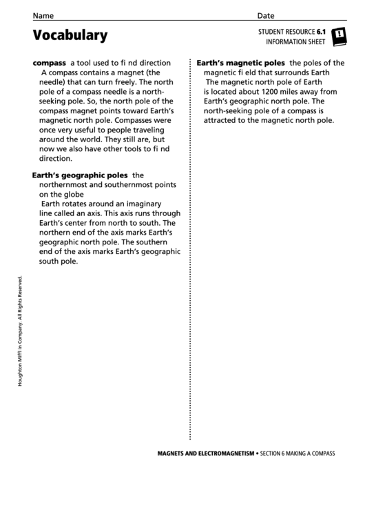 Vocabulary - Making A Compass Printable pdf