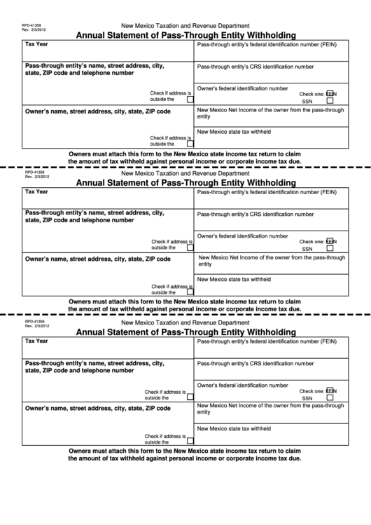 Form Rpd-41359 - Annual Statement Of Pass-Through Entity Withholding - New Mexico Taxation And Revenue Department Printable pdf