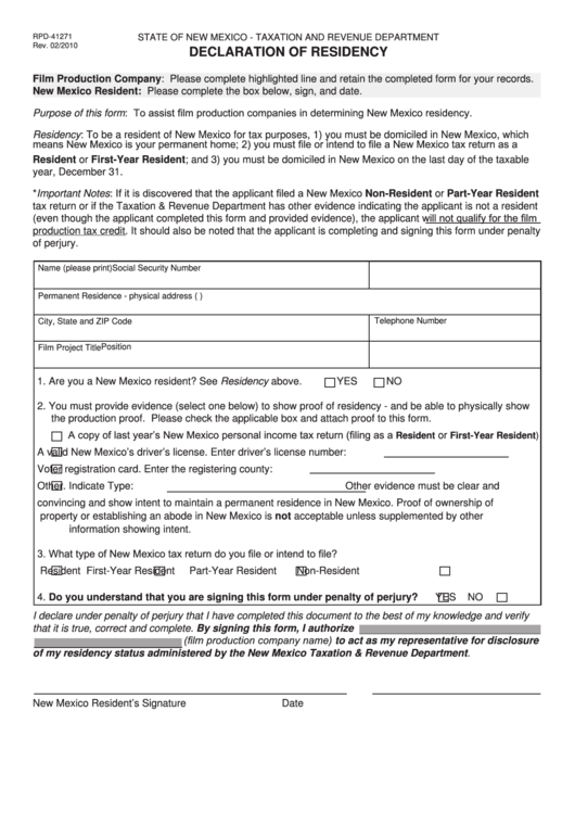 Form Rpd-41271 - Declaration Of Residency - State Of New Mexico Taxation And Revenue Department Printable pdf