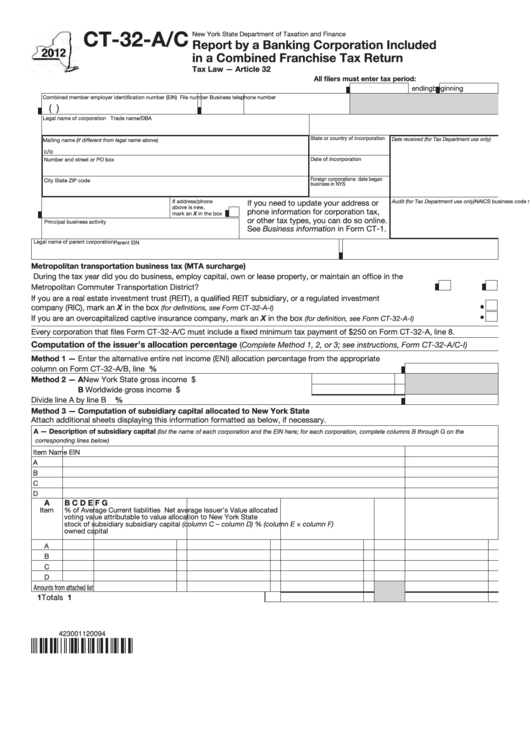 Form Ct-32-A/c - Report By A Banking Corporation Included In A Combined Franchise Tax Return - New York State Department Of Taxation And Finance - 2012 Printable pdf