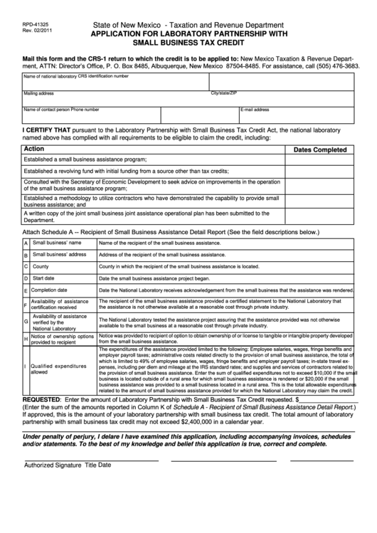 Form Rpd-41325 - Application For Laboratory Partnership With Small Business Tax Credit - State Of New Mexico Taxation And Revenue Department Printable pdf