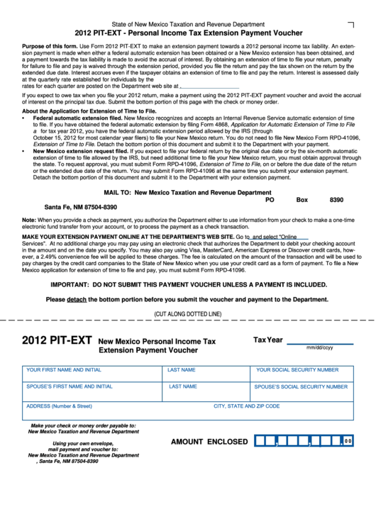 Form Pit-Ext - New Mexico Personal Income Tax Extension Payment Voucher - 2012 Printable pdf