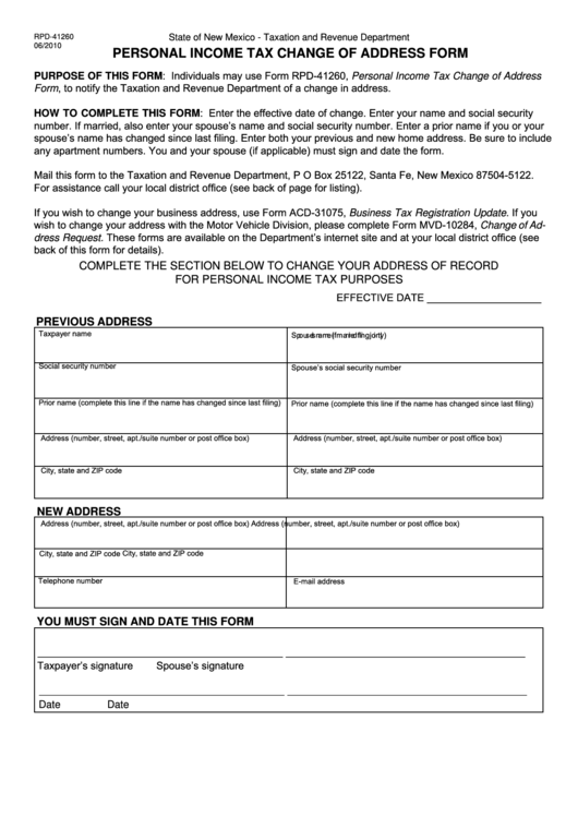 Form Rpd-41260 - Personal Income Tax Change Of Adress Form - State Of New Mexico Taxation And Revenue Department Printable pdf