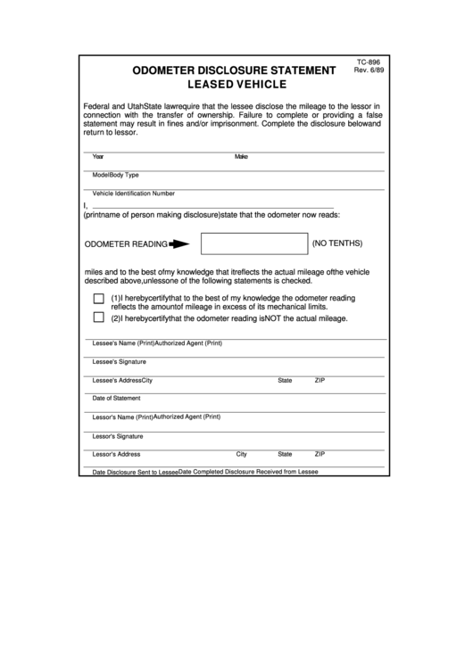 Form Tc-896 -Odometer Disclosure Statement Leased Vehicle Printable pdf
