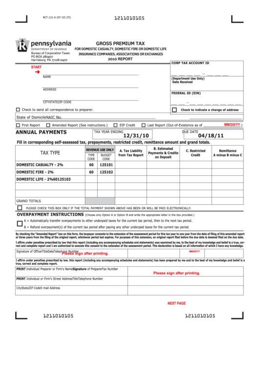 Fillable Form Rct-121-A - Gross Premium Tax - 2010 Printable pdf