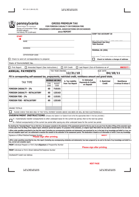 Fillable Form Rct-121-C - Gross Premium Tax - Pennsylvania Department Of Revenue - 2010 Printable pdf