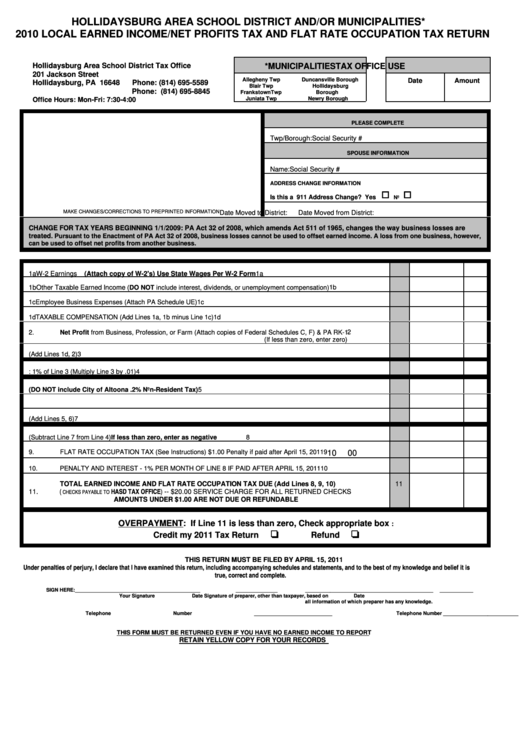 Local Earned Income/net Profits Tax And Flat Rate Occupation Tax Return - Hollidaysburg Area School District And/or Municipalities - 2010 Printable pdf