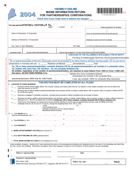 Form 1065me/1120s-Me - Maine Information Return For Partnerships/s Corporations - 2010 Printable pdf