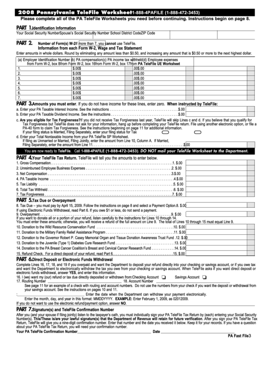 Pennsylvania Telefile Worksheet - 2008 Printable pdf