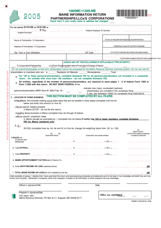 Form 1065me/1120s-Me - Maine Information Return Partnerships/llcs/s Corporations - 2005 Printable pdf